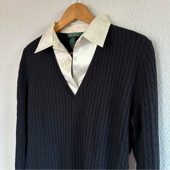 Lauren Ralph Lauren Womens XL Silk Cashmere Sweater Black Mock Layer Career Top - Picture 2 of 8